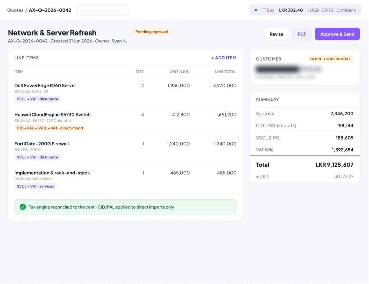 Quote screen of the sales CRM: line items with per-line duty treatment, duty summary and a reconciliation banner